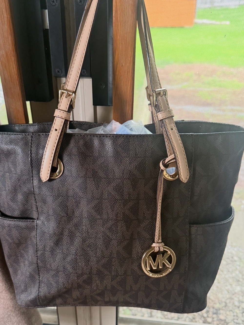 Michael Kors Chocolate MK Logo Tote with Beige Straps